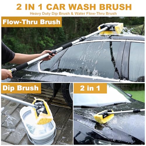 70" RV Wash Brush with Long Handle and 12" Soft Bristle Brush Head, Water Flow-Thru Truck Washing Brush with Hose Attachment for Cleaning Car, SUV, Boat, Camper, House Siding and Solar Panels - color: Yellow, size: 70"