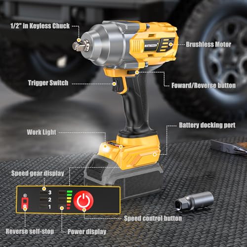 NATBEESY Impact Wrench Compatible with DeWalt 20V Battery: 1/2 Inch Hog Ring Impact Driver - 1000N.m(750ft-lbs) Cordless Impact Gun - Brushless Motor with LED Light And Blet Clip - Tool Only - style: 1000N.M