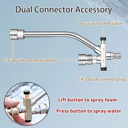 Selkie Foam Cannon with Pressure Washer Gun and Dual Connector, 3-in-1 Car Foam Cannon Kits with 1/4 Inch Quick Connector, 7 Pressure Washer Nozzle Tips, Dual-Connector Accessory