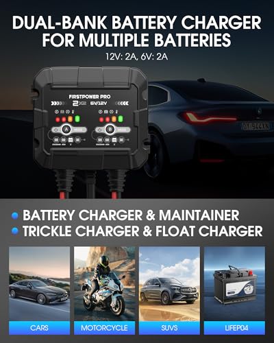 2-Bank, 4A (2A/Bank) Trickle Charger for Car Battery, 12V 6V Car Battery Charger, Automotive Battery Trickle Charger, Maintainer, for Motorcycle Lawn Mower AGM, Lithium Batteries