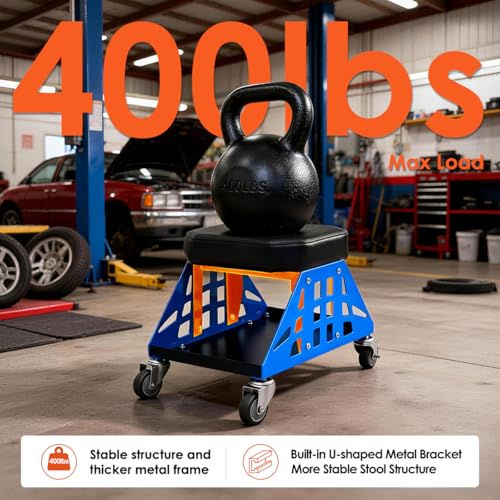 Heavy Duty Rolling Mechanics Seat,400 LBS Capacity Garage Stool, Tools for Automotive Auto Repair (Blue) - color: Blue
