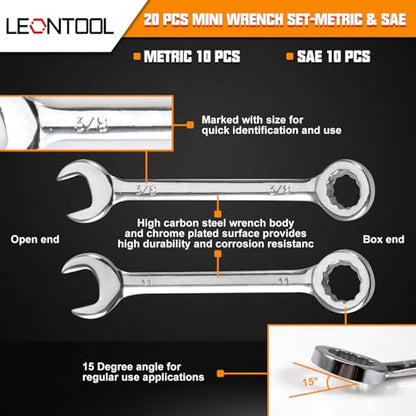 Mini Wrench Set Metric and SAE 20 Pcs Ignition Wrenches 4-11mm & 5/32" to 7/16" Open End Box End Wrench Set with Key Ring, Combination Wrench Sets with Zipper Bag - style: Metric and SAE