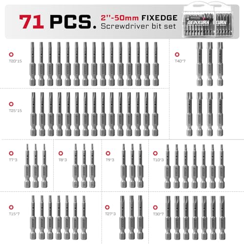 Geinxurn 71Pieces Fixedge Screwdriver Bit Set, 2Inches Torx Magnetic Alloy Steel Insert Power Bits Tips(T7-T40) with Impact Bit Holder and Portable Storage Cases for Home Repair - style: FXTX050-071