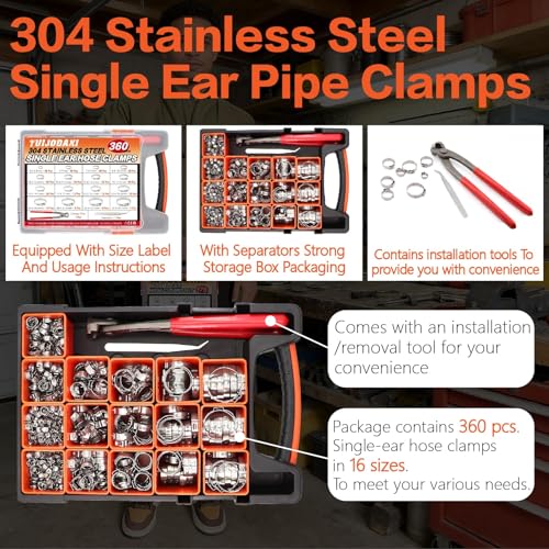 360PCS Stepless Single Ear Hose Clamp Kit - 16 Sizes 5.3-36.1mm (1/4"-1-3/8") 304 Stainless Steel Rustproof Leak-Proof Clamps with Pliers for Automotive Fuel Line, PEX Pipe, Marine & Home Plumbing - size: 360PCS