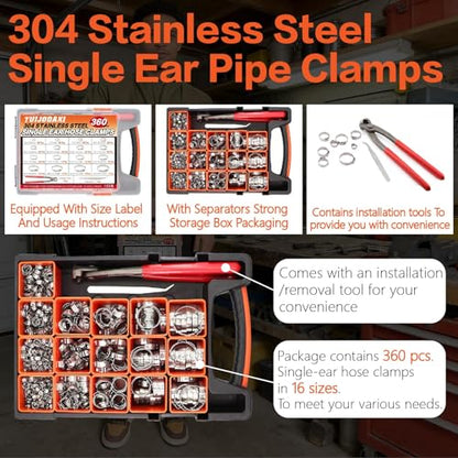 360PCS Stepless Single Ear Hose Clamp Kit - 16 Sizes 5.3-36.1mm (1/4"-1-3/8") 304 Stainless Steel Rustproof Leak-Proof Clamps with Pliers for Automotive Fuel Line, PEX Pipe, Marine & Home Plumbing - size: 360PCS