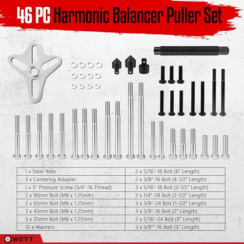 WETT Harmonic Balancer Puller Set, 47Pcs Power Steering Wheel Pulley Puller Installer Tool, Automotive Flange Type Gear and Crank Puller Set, Harmonic Balancers, Crankshaft Pulleys, Gears