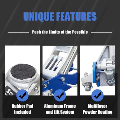 3 Ton (6,600 lbs) Low Profile Aluminum Hydraulic Racing Floor Jack with Dual Piston Quick Lift Pump, Lifting Range 3.74" to 18.9", for Cars, Trucks and SUVs, Blue - color: blue