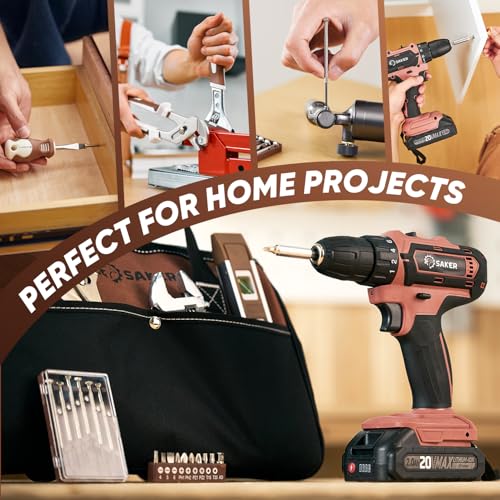 Saker 20V Tool Set with Drill, General Home Hand Tool Kit with 14-Inch Storage Bag, Tool Set with 20V Cordless Drill for DIY Projects, Home Repairs, Handyman, Mocha Brown