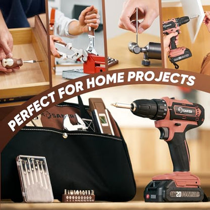 Saker 20V Tool Set with Drill, General Home Hand Tool Kit with 14-Inch Storage Bag, Tool Set with 20V Cordless Drill for DIY Projects, Home Repairs, Handyman, Mocha Brown