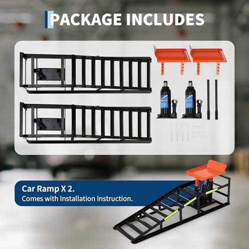 Heavy Duty Hydraulic Car Ramps, 2 Pack, 5 Ton (11000LBS) Capacity - Adjustable Low Profile Steel Lift 11.6"-16.2" - for Oil Change, Garage Use - Black Shelf + Orange Tablet - color: Black+orange