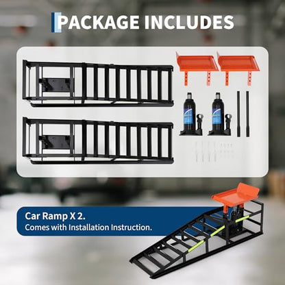 Heavy Duty Hydraulic Car Ramps, 2 Pack, 5 Ton (11000LBS) Capacity - Adjustable Low Profile Steel Lift 11.6"-16.2" - for Oil Change, Garage Use - Black Shelf + Orange Tablet - color: Black+orange