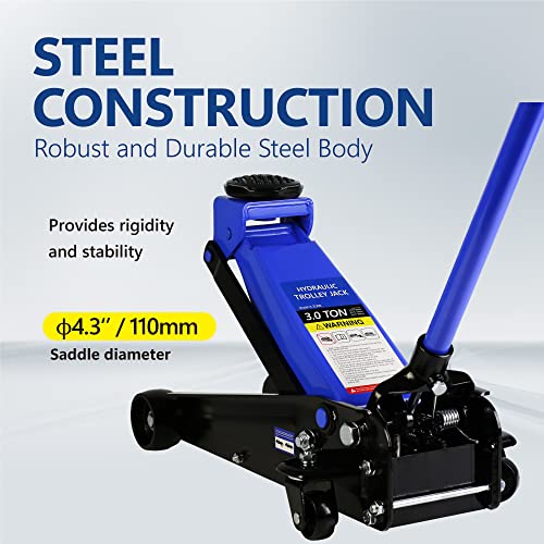 3T Low Profile Steel Floor Jack, 6000 lb, Single Pump, 5.1"-20" Lift, Blue | Heavy-duty steel, single-pump quick lift, low profile, 5.1"-20" lift range, overload protection. - size: 3T Single Pump 5.1"-20"