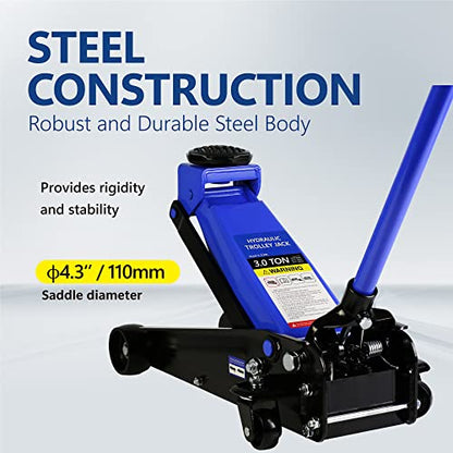 3T Low Profile Steel Floor Jack, 6000 lb, Single Pump, 5.1"-20" Lift, Blue | Heavy-duty steel, single-pump quick lift, low profile, 5.1"-20" lift range, overload protection. - size: 3T Single Pump 5.1"-20"