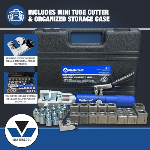 Mastercool 72485-PRC Universal Hydraulic Flaring Tool – 45° Double & Single Flares, Push Connect, GM Fuel Line, Brake Line & GM Transmission Cooling – Includes Hydraulic Ram & Mini Tube Cutter