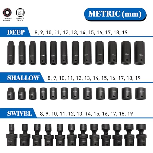 MacWork 67 Pieces 3/8“ Drive Impact Socket Set, SAE and Metric Sockets, CR-V & CR-Mo, Complete Socket Set with Shallow, Deep & Swivel Sockets, Includes Ratchet, Extension Bars & Adapters