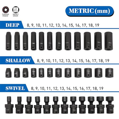 MacWork 67 Pieces 3/8“ Drive Impact Socket Set, SAE and Metric Sockets, CR-V & CR-Mo, Complete Socket Set with Shallow, Deep & Swivel Sockets, Includes Ratchet, Extension Bars & Adapters