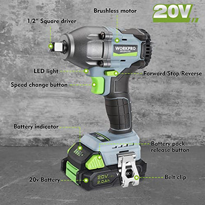 WORKPRO 20V Cordless Impact Wrench 1/2 in, Brushless Impact Gun with Battery and Charger, High Torque 370 ft-lbs (500N.m), LED Work Light and Belt Clip Included