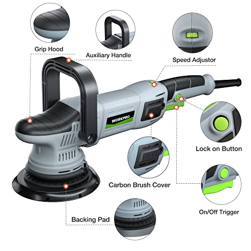 Fathers Day Ideal Gifts for Dad - WORKPRO Buffer Polisher, 6-inch 1080W Dual Action Random Orbital Polish Kit for Car Detailing, 6 Variable Speed DA Polisher with Backing/Woolen/Foam Pads