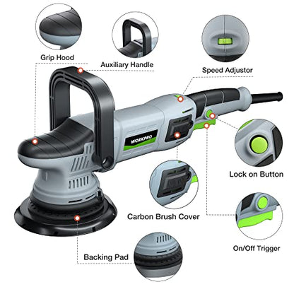 Fathers Day Ideal Gifts for Dad - WORKPRO Buffer Polisher, 6-inch 1080W Dual Action Random Orbital Polish Kit for Car Detailing, 6 Variable Speed DA Polisher with Backing/Woolen/Foam Pads