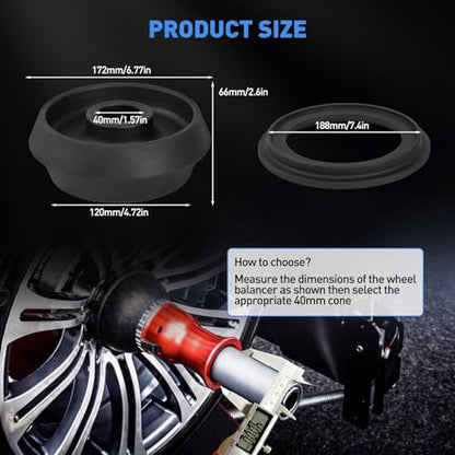 40mm Wheel Balancer Cone Universal Hub Centric Adapter Cone for Tire Balancing Machines, 4.72"- 6.77" Dual Sided Collet Centering Cone Compatible with Light Truck Cars Caravans SUVs, with 188mm Spacer