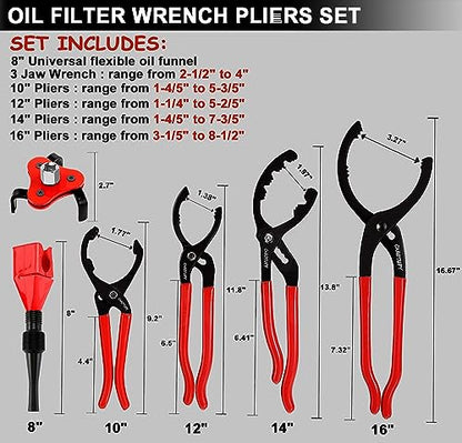 6Pcs Oil Filter Pliers Set, Universal Oil Filter Wrench with Oil Funnel, 10" & 12" & 14" & 16" Premium Oil Filter Removal Tool From 1-1/4" to 8-1/2" - size: 6 PACK