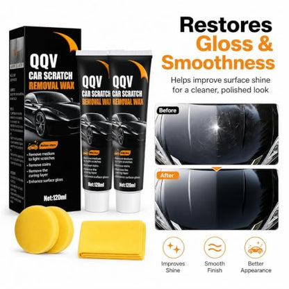 Car Scratch Remover Kit, Car Paint Scratch Repair for Light Scratches Swirl Marks Scuffs, Auto Scratch Remover with Sponge and Towel, Restores Gloss and Shine for All Paint Colors (2Pcs)