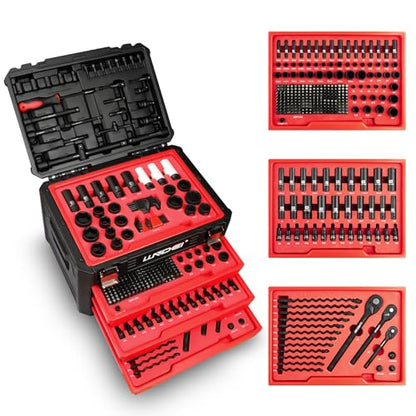LLNDEI Mechanics Tool Set and Socket Set, 1/4" 3/8" 1/2" Drive Deep and Standard Sockets 12 Point, 390 Pcs SAE and Metric Mechanic Tool Kit with Bits, Combination Wrench