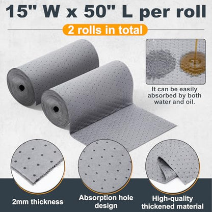 Tigeen 2 Roll Oil Absorbent Pads 15 in x 50 ft Gray Absorbing Mat with Tear Lines Cut to Fit Sheets for Garage Floor Automotive Maintenance Home Basement Spill Cleanup and Leak Drip Protection