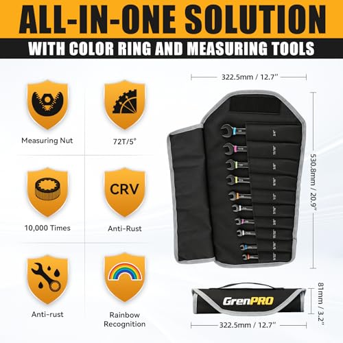 GRENPRO Ratchet Wrenches Set, Ratcheting Wrench Set With Roll Up Pouch, 11PC SAE Large Small 9/32 To 3/4 Long Open End Socket Wrench Organizer With Color Ring & Gauge, Big Combination Wrench Tool Sets - style: 11PC SAE Ratchet Wrenches Set With Color Ring