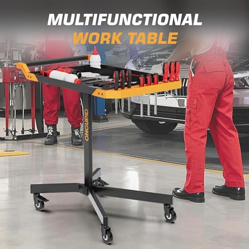 Mobile Work Table, Adjustable Height Workbench with Wheels, Orange | Heavy Duty, 8 Adjustable Height Settings, Drills Storage, 4 Wheels (2 locking), for Garage, Workshop, Bike Repair, Car Repair