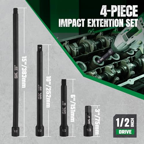 SK 1/2" Drive Impact Socket Extension Set, 3", 6", 10", 15", Cr-Mo Steel | 4-Piece Extension Bar Set, Black Manganese Phosphate Coating, with EVA Foam Storage Tray - size: 1/2-Inch Drive