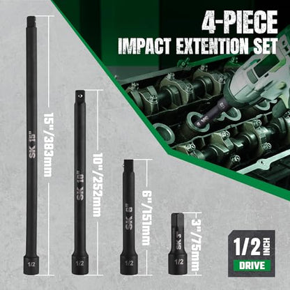SK 1/2" Drive Impact Socket Extension Set, 3", 6", 10", 15", Cr-Mo Steel | 4-Piece Extension Bar Set, Black Manganese Phosphate Coating, with EVA Foam Storage Tray - size: 1/2-Inch Drive