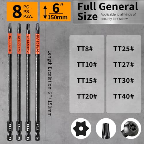 Impact Security Torx Bit Set 6-Inch Long (8-Pack T8-T40), S2 Steel Tamper Proof Star Bits Set, with 1/4'' Hex-Shank, Magnetic and High-Torque, for Automotive, Electronics, DIY - size: 8-Pieces 6 Inch Torx Security Bits