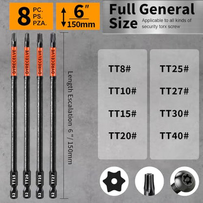 Impact Security Torx Bit Set 6-Inch Long (8-Pack T8-T40), S2 Steel Tamper Proof Star Bits Set, with 1/4'' Hex-Shank, Magnetic and High-Torque, for Automotive, Electronics, DIY - size: 8-Pieces 6 Inch Torx Security Bits
