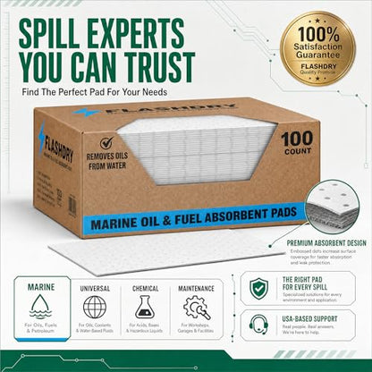 FLASHDRY Marine Oil Spill Absorbent Pads, 100-Count Oil Control Pads, 17.5" x 13.5" - Fuel, Diesel & Bilge Water Cleanup, Water-Repellent, Eco-Friendly, Tear-Resistant Hydrocarbon Absorption - size: 100 Pads - 2mm