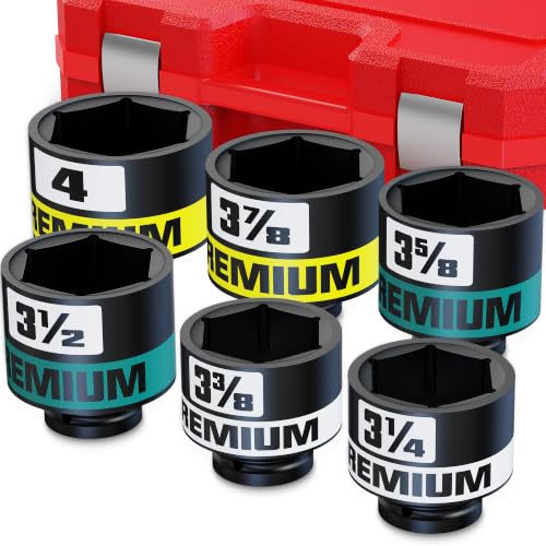 1” Drive Impact Socket Set, 3-1/4” -4” Axle Nut Sockets, 6pcs Shallow Jumbo Sockets, SAE, 6 Point, Cr-V, Repair Tools for Installing and Removing Stubborn Spindle Nuts and Bolts - size: 1" SAE