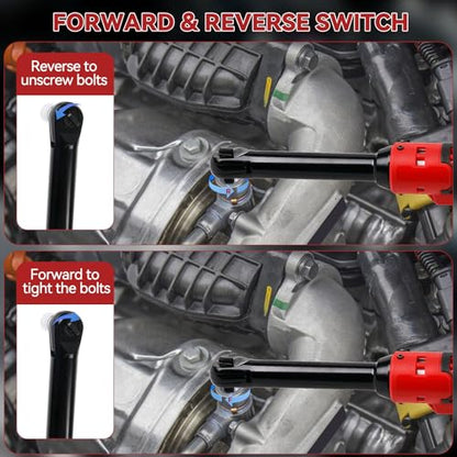 3/8" Extended Cordless Ratchet Wrench Compatible with Milw-aukee 18V Batteries, 320 RPM, 80 N.m Electric Power Ratchet Wrench,Built-in LED Light, Extended 6-inch Long Neck