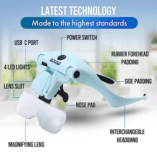 YOCTOSUN Magnifying Glasses with Light for Close Work, Head Magnifier with 4 LED Lights and 5 Detachable Lenses 1X to 3.5X,Rechargeable Hands Free Headband Magnifier Glasses for Crafts, Hobby - color: Light Blue