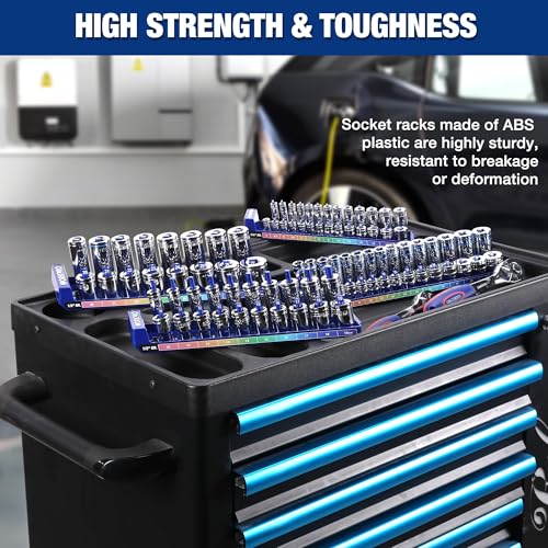 WORKPRO Socket Organizer Set, 4PC Impact Socket Holder, 1/4", 3/8", 1/2" Drive Metric Socket Trays, Impact Socket Organizer for Tool Box Drawer, Socket Storage Holds 94 Pieces (Socket not Included) | Fits Impact Sockets, Holds 94 Pieces Sockets, Large Cap
