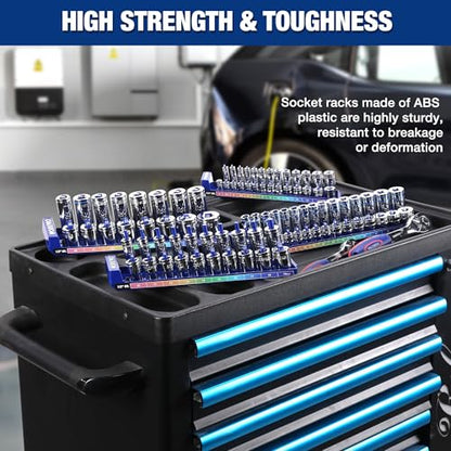 WORKPRO Socket Organizer Set, 4PC Impact Socket Holder, 1/4", 3/8", 1/2" Drive Metric Socket Trays, Impact Socket Organizer for Tool Box Drawer, Socket Storage Holds 94 Pieces (Socket not Included) | Fits Impact Sockets, Holds 94 Pieces Sockets, Large Cap