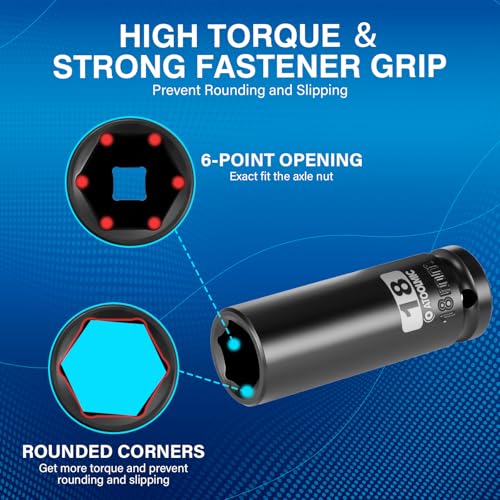 1/2 Inch Drive x 18mm Deep 6PT CR-MO Impact Socket for Removing Axle nut | Metric Socket,6-Point Radius Corner Design,Two Size Markings,Square Chamfered Opening,For Removal of Axle Nut - size: 18mm, style: 1/2" Drive Deep Socket