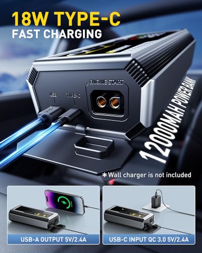 AUXITO 6000A Jump Starter, 12V Car Battery Jump Starter, Up to All Gas & 12L Diesel Engine with LED Display, Portable Jump Box with 3 Modes Flashlight and Jumper Cable, Storage Case - size: T3-6000A