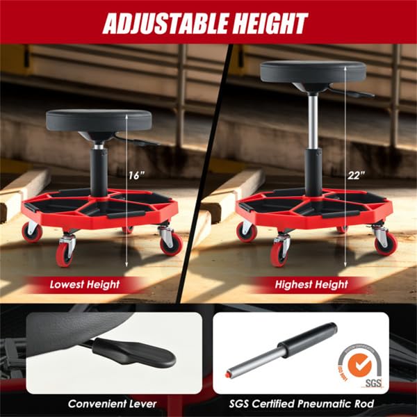 Heavy Duty Rolling Mechanic Stool, Adjustable Height Garage Shop Seat with Tool Tray Storage, 360° Swivel Caster Workshop Stool for Auto Repair, Professional Technician Rolling Work Seat