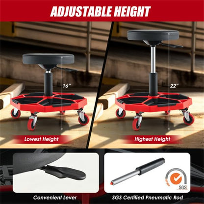Heavy Duty Rolling Mechanic Stool, Adjustable Height Garage Shop Seat with Tool Tray Storage, 360° Swivel Caster Workshop Stool for Auto Repair, Professional Technician Rolling Work Seat