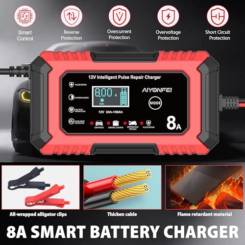 12V Battery Charger 8-Amp Smart Trickle Charger, Red | Battery Maintainer and Desulfator, Temperature Compensation, for Car, Truck, SUV, Motorcycle, Boat, Lead Acid, LiFePO4 ﻿ - color: Red