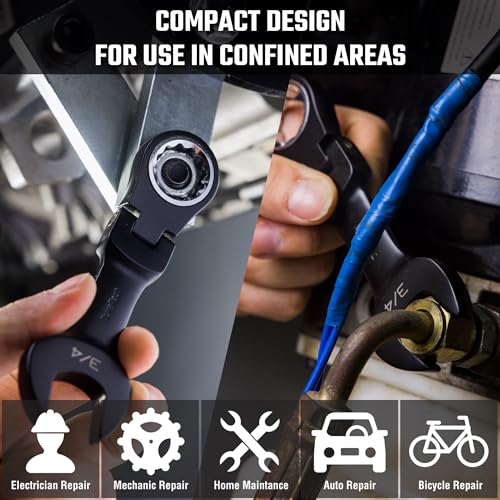 DURATECH Stubby Flex-head Ratcheting Combination Wrench Set, SAE, 8-piece, 5/16" to 3/4", CR-V Steel, Black Electrophoretic Coating, with Rolling Pouch - size: SAE
