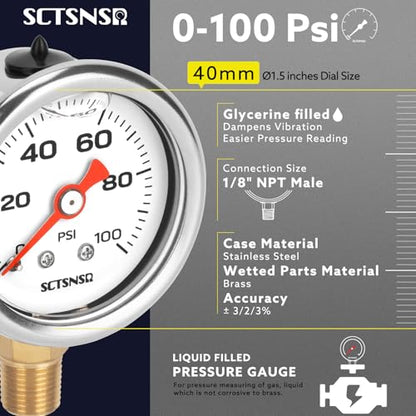 0-100 Psi Fuel Pressure Gauge, 1.5" Dial Size, 1/8" NPT Lower Mount, Stainless Steel Case, Glycerin Liquid Filled, Inline Low Pressure Gauge, for Oil Water Air Pressure Test - size: 0-100 Psi, style: Lower Mount