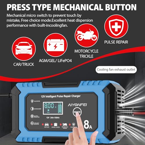 12V Battery Charger 8-Amp Smart Trickle Charger, Blue | Battery Maintainer and Desulfator, Temperature Compensation, for Car, Truck, SUV, Motorcycle, Boat, Lead Acid, LiFePO4 - color: Blue