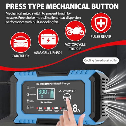 12V Battery Charger 8-Amp Smart Trickle Charger, Blue | Battery Maintainer and Desulfator, Temperature Compensation, for Car, Truck, SUV, Motorcycle, Boat, Lead Acid, LiFePO4 - color: Blue