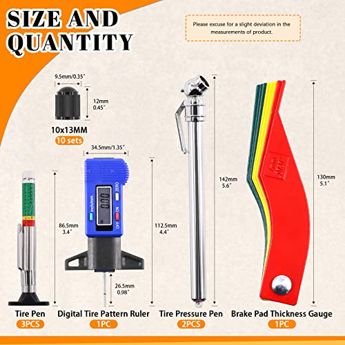 17Pcs Tire Tread Depth Gauge Measuring Tool Set with Digital Tire Thread Depth Gauge Pencil Tire Pressure Gauge Brake Lining Thickness Gauge Set Tire Valve Stem Caps for Motorcycle Truck Car